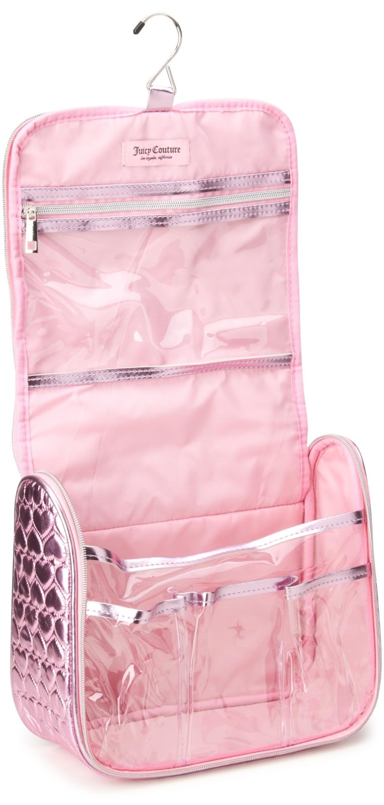 Juicy Couture Pink Makeup Bag Cosmetics Organizer Travel Essentials Hanging Hook Shiny Puffer Heart