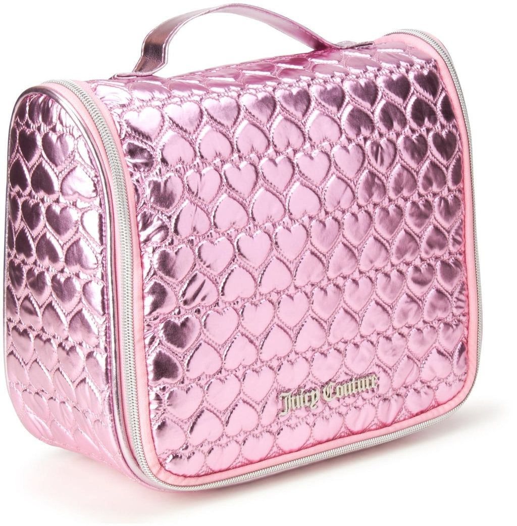 Juicy Couture Pink Makeup Bag Cosmetics Organizer Travel Essentials Hanging Hook Shiny Puffer Heart