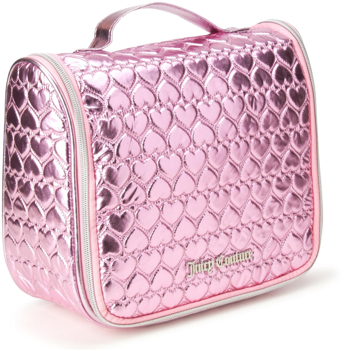 Juicy Couture Pink Makeup Bag Cosmetics Organizer Travel Essentials Hanging Hook Shiny Puffer Heart