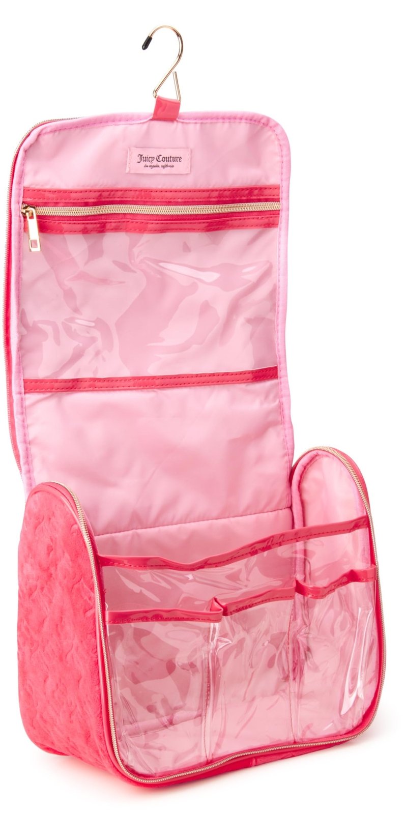 Juicy Couture Pink Makeup Bag Cosmetics Organizer Travel Essentials Hanging Hook Velour Logo