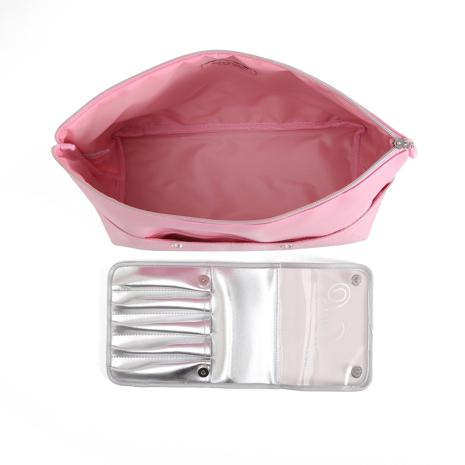 Juicy Couture Pink Makeup Bag Cosmetics Organizer Travel Essentials Removable Brush Holder Retro Style Faux Leather