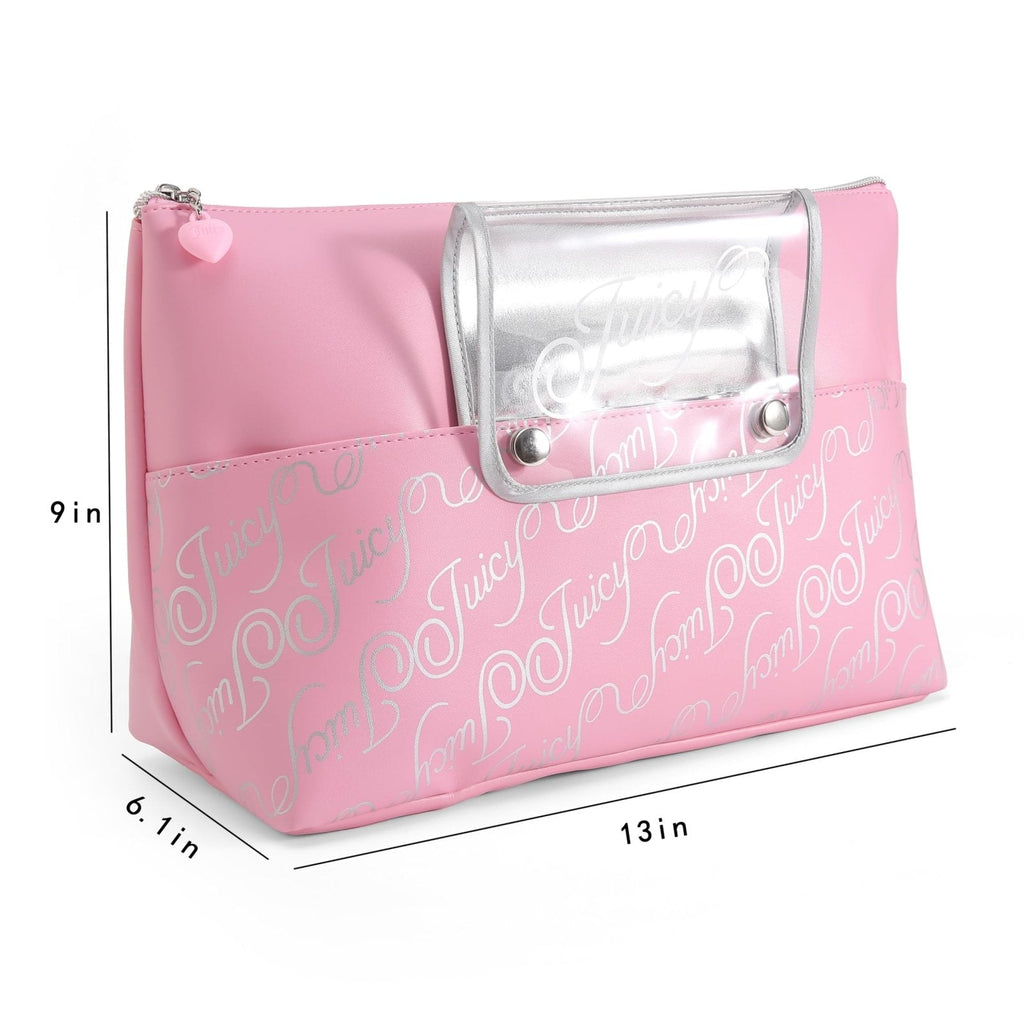 Juicy Couture Pink Makeup Bag Cosmetics Organizer Travel Essentials Removable Brush Holder Retro Style Faux Leather