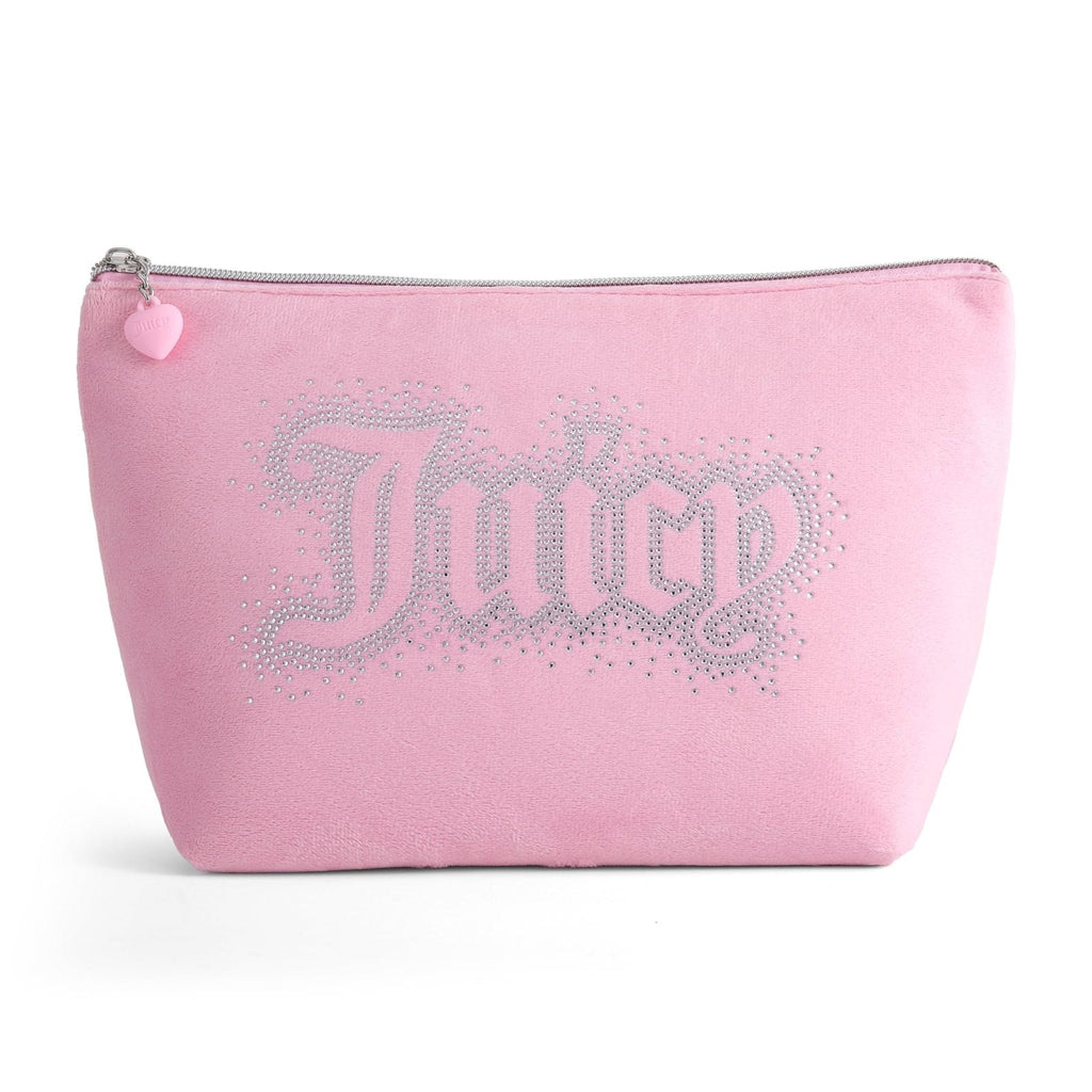 Juicy Couture Pink Makeup Bag Cosmetics Organizer Travel Essentials Top Zip Pouch Rhinestone Velour