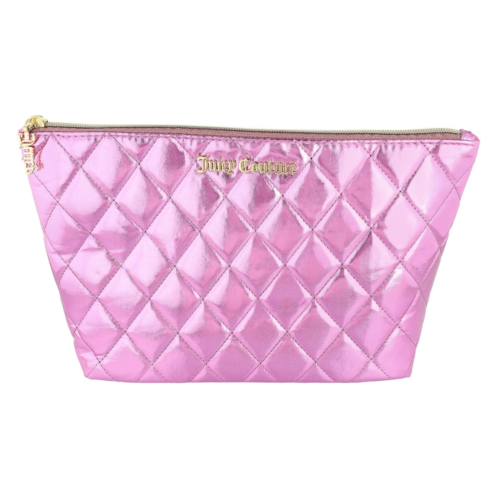 Juicy Couture Pink Makeup Bag Cosmetics Organizer Travel Essentials Top Zip Pouch Shiny Quilted