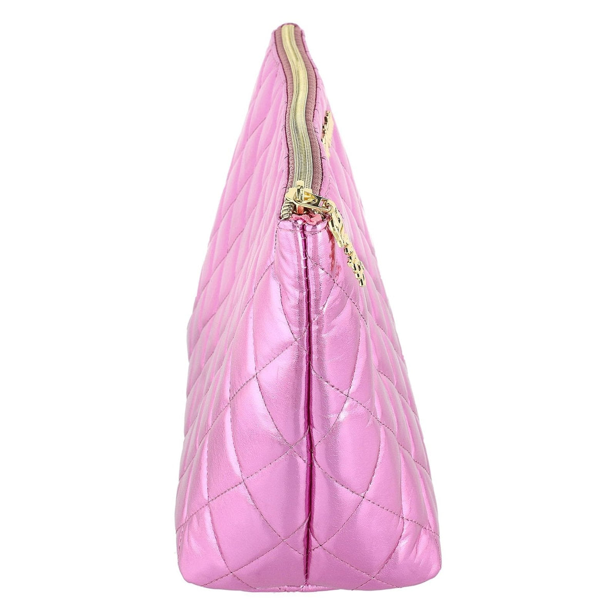 Juicy Couture Pink Makeup Bag Cosmetics Organizer Travel Essentials Top Zip Pouch Shiny Quilted