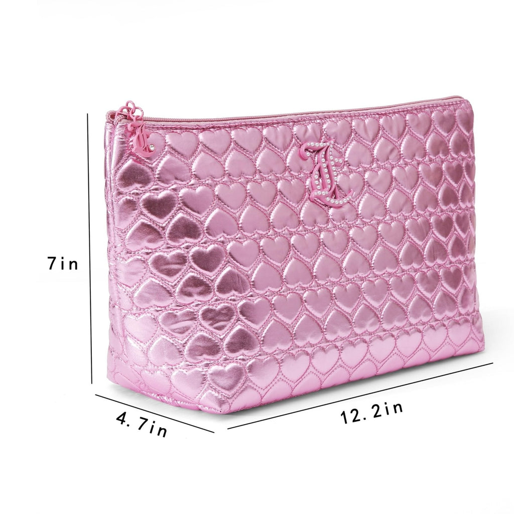 Juicy Couture Pink Makeup Bag Cosmetics Organizer Travel Essentials Top Zip Pouch Shiny Quilted Heart