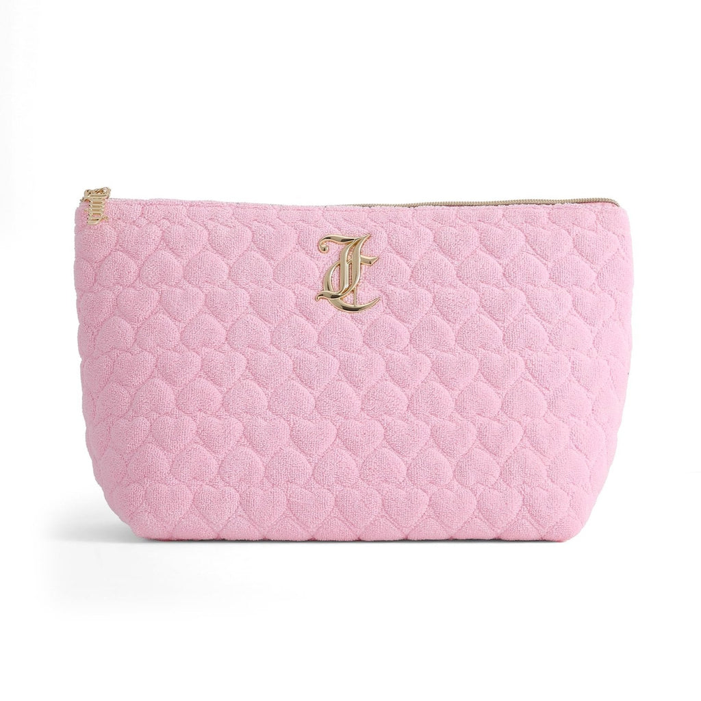 Juicy Couture Pink Makeup Bag Cosmetics Organizer Travel Essentials Top Zip Pouch Terry Cloth Quilted Heart