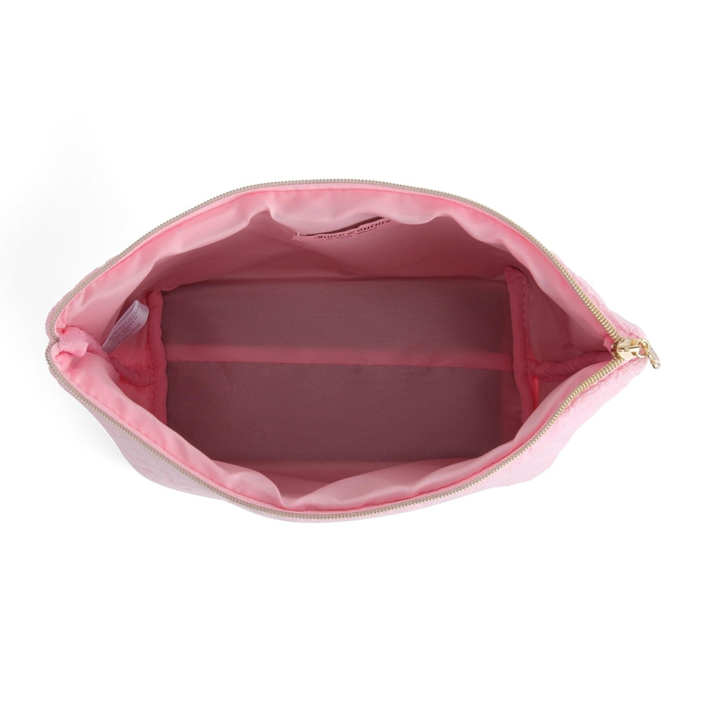 Juicy Couture Pink Makeup Bag Cosmetics Organizer Travel Essentials Top Zip Pouch Terry Cloth Quilted Heart