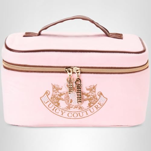 Juicy Couture Pink Makeup Bag Cosmetics Organizer Travel Essentials Train Case Gold Terroir Dog Rhinestone Crown Velour