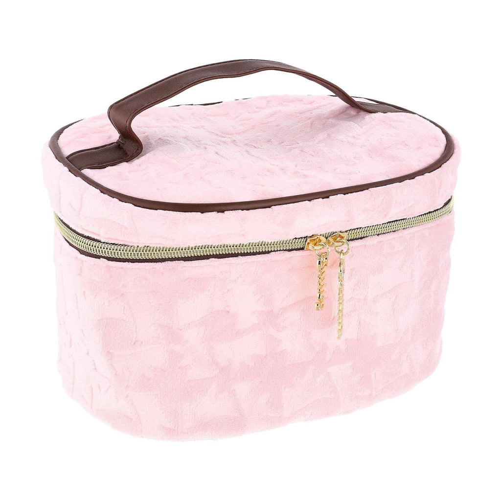 Juicy Couture Pink Makeup Bag Cosmetics Organizer Travel Essentials Train Case Large Oval Velour Pattern
