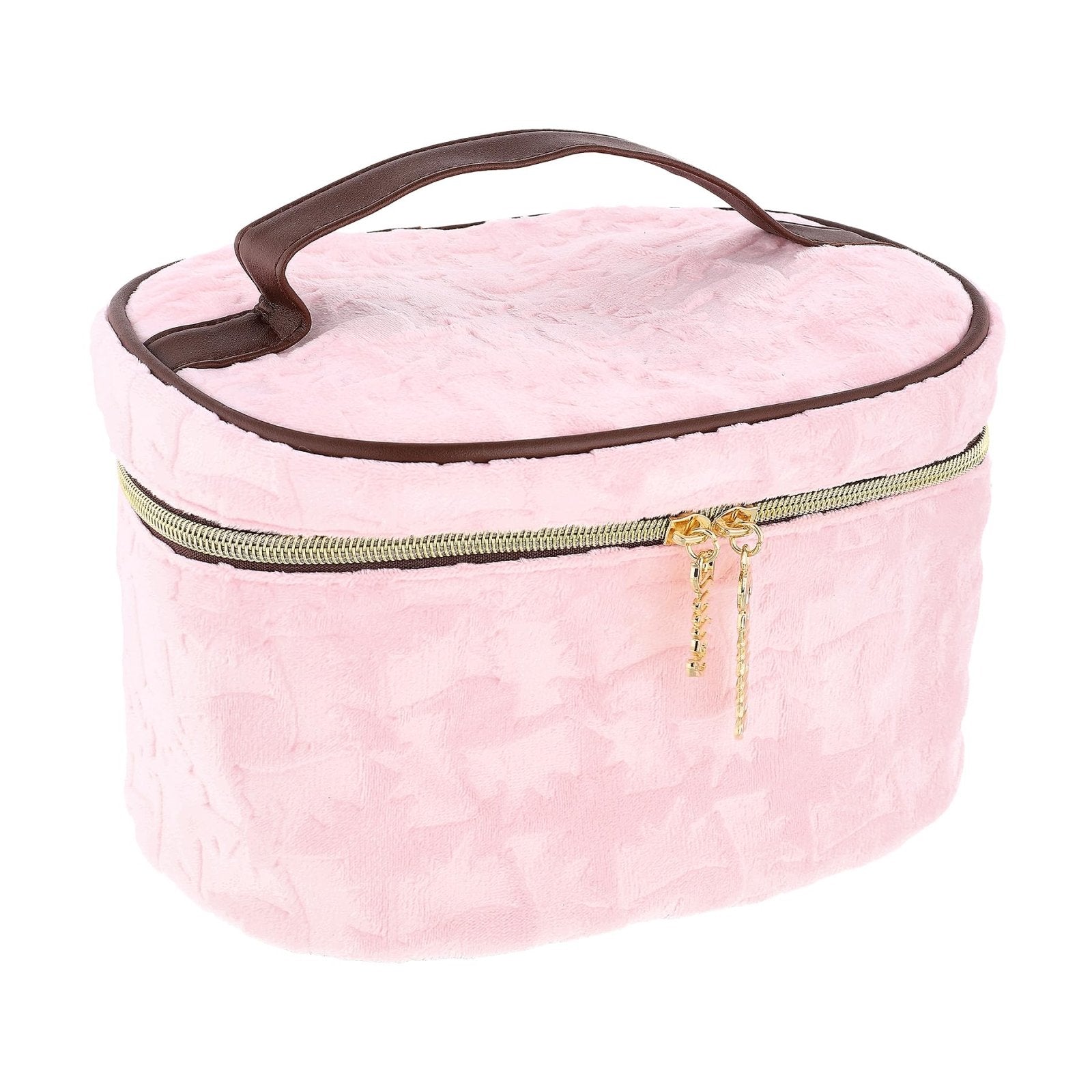 Juicy Couture Pink Makeup Bag Cosmetics Organizer Travel Essentials Train Case Large Oval Velour Pattern