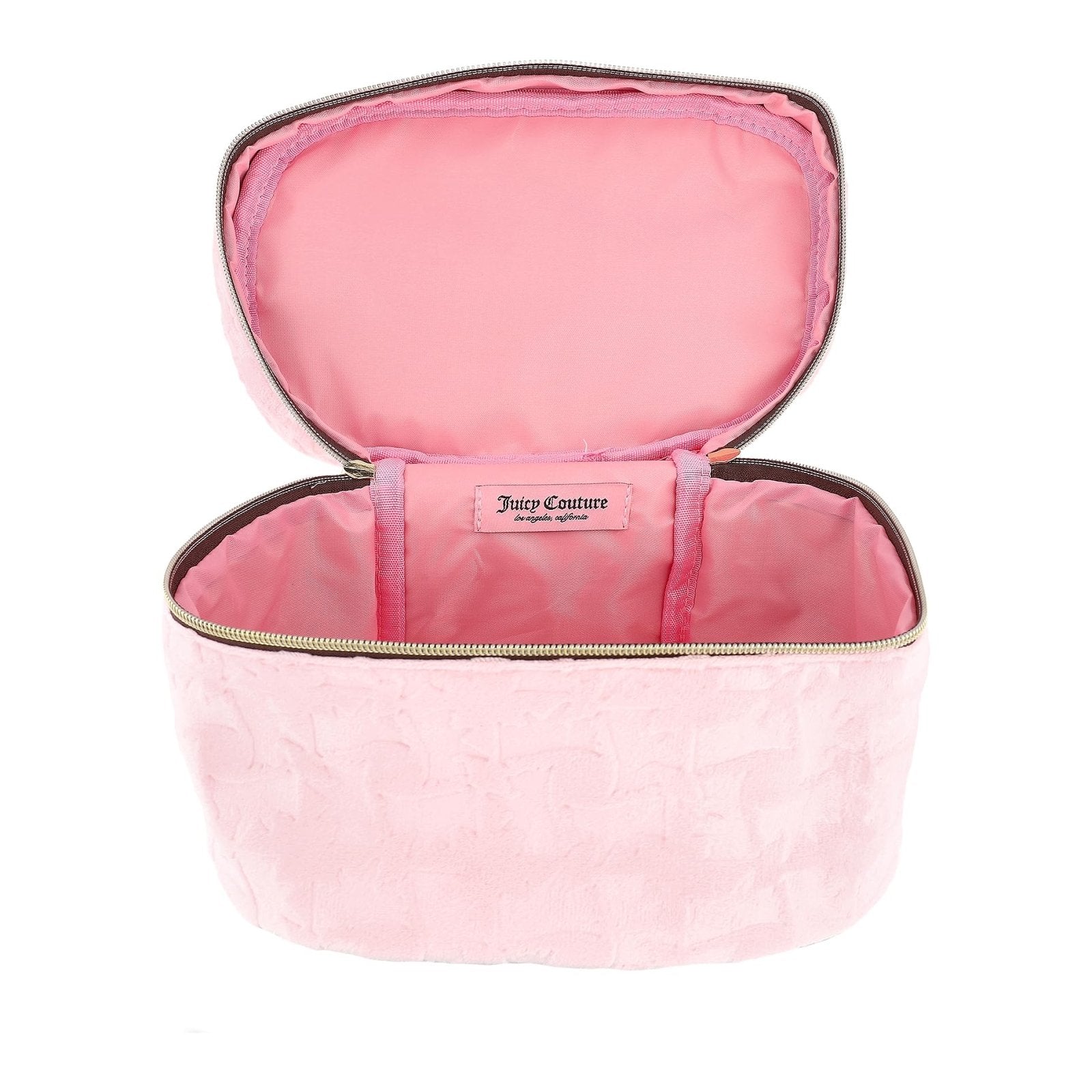 Juicy Couture Pink Makeup Bag Cosmetics Organizer Travel Essentials Train Case Large Oval Velour Pattern