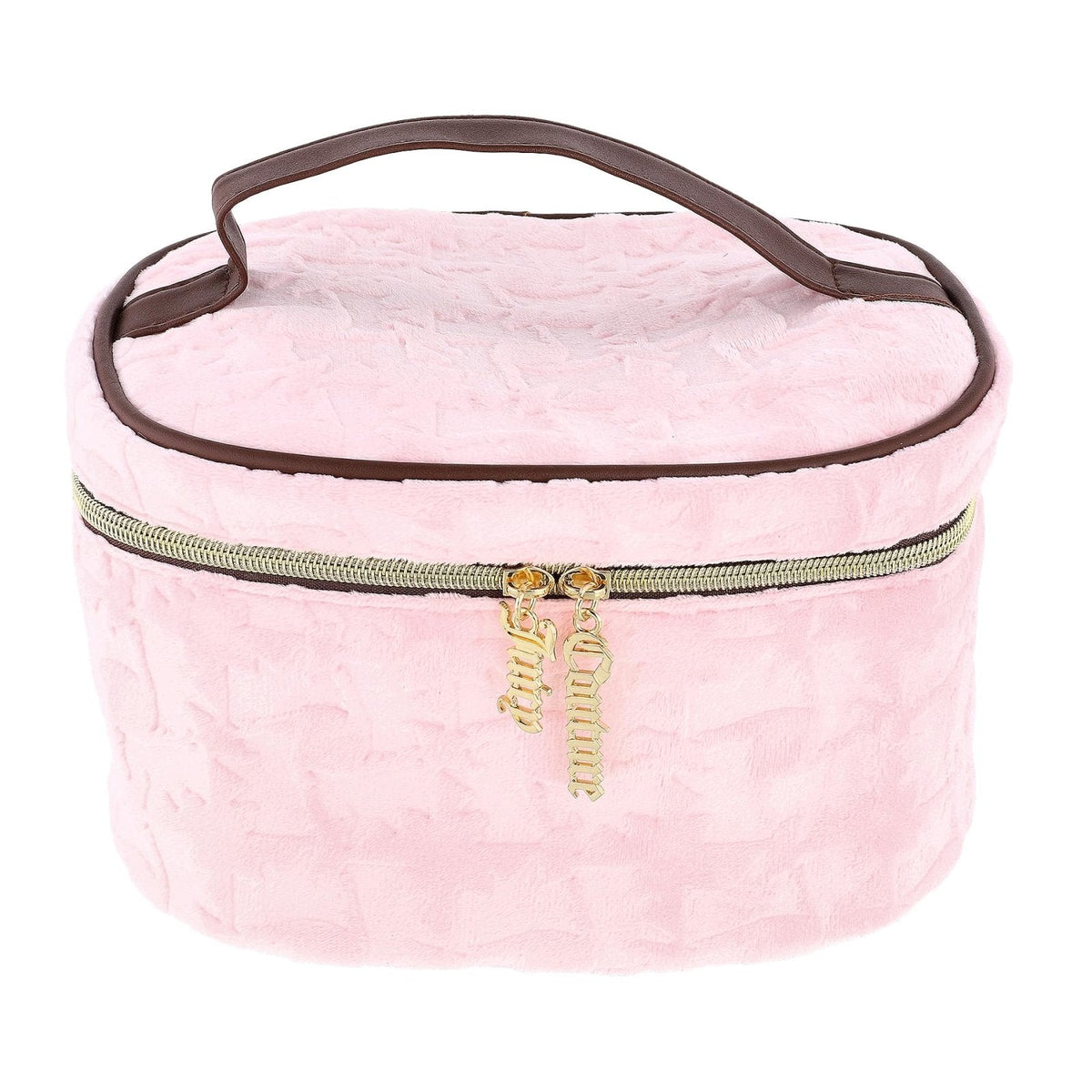 Juicy Couture Pink Makeup Bag Cosmetics Organizer Travel Essentials Train Case Large Oval Velour Pattern
