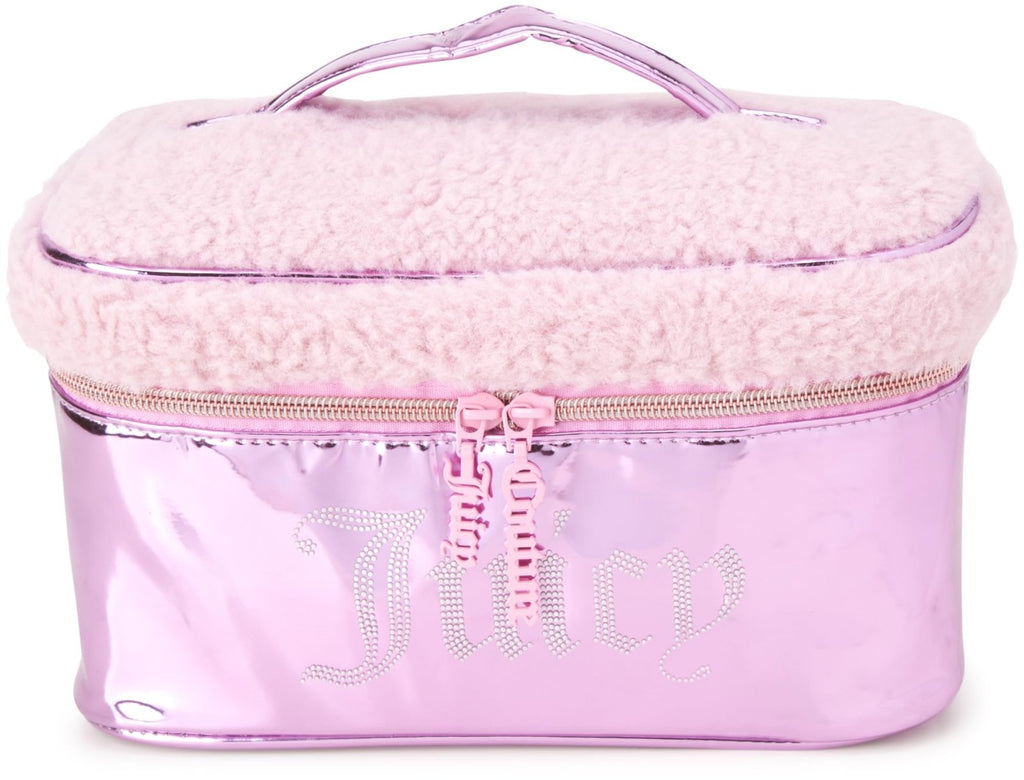 Juicy Couture Pink Makeup Bag Cosmetics Organizer Travel Essentials Train Case Shiny Rhinestones Faux Shearling