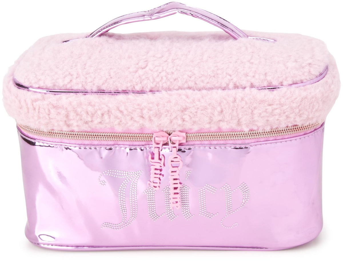 Juicy Couture Pink Makeup Bag Cosmetics Organizer Travel Essentials Train Case Shiny Rhinestones Faux Shearling