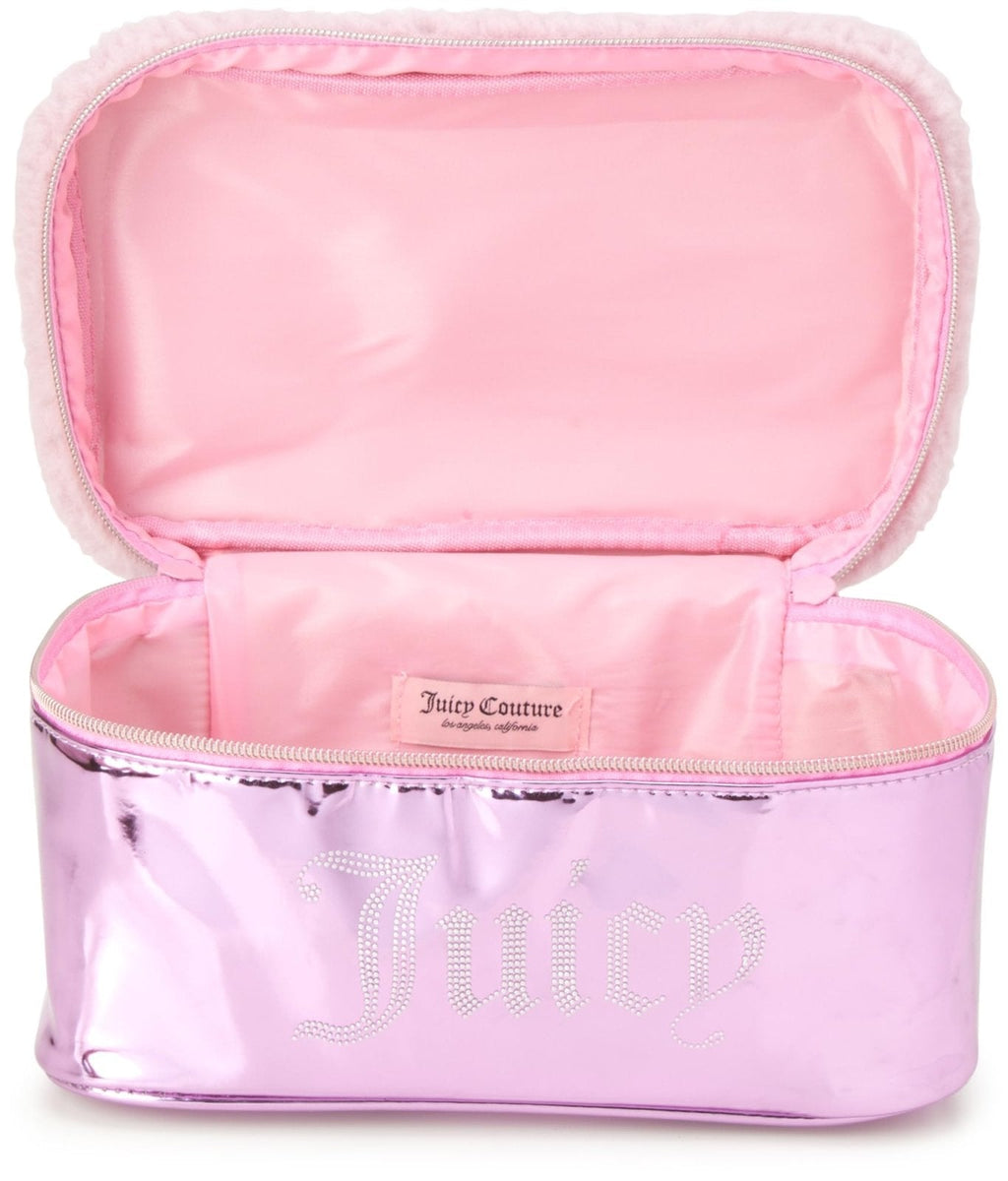 Juicy Couture Pink Makeup Bag Cosmetics Organizer Travel Essentials Train Case Shiny Rhinestones Faux Shearling