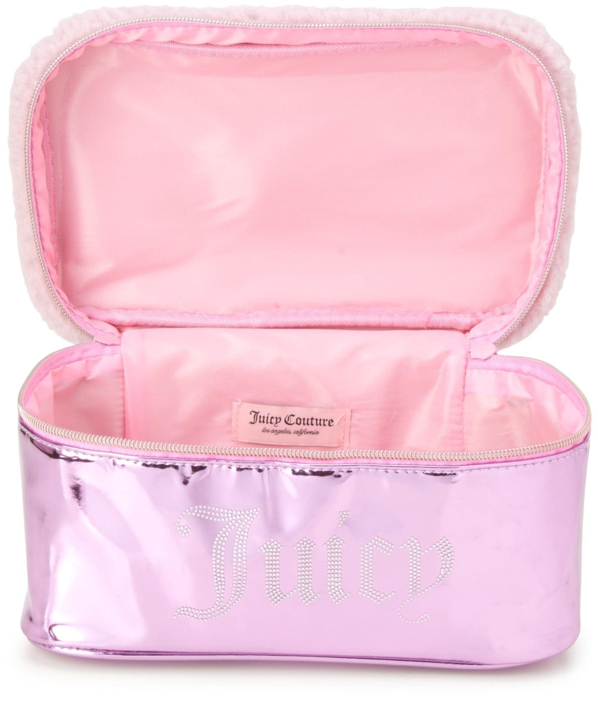 Juicy Couture Pink Makeup Bag Cosmetics Organizer Travel Essentials Train Case Shiny Rhinestones Faux Shearling