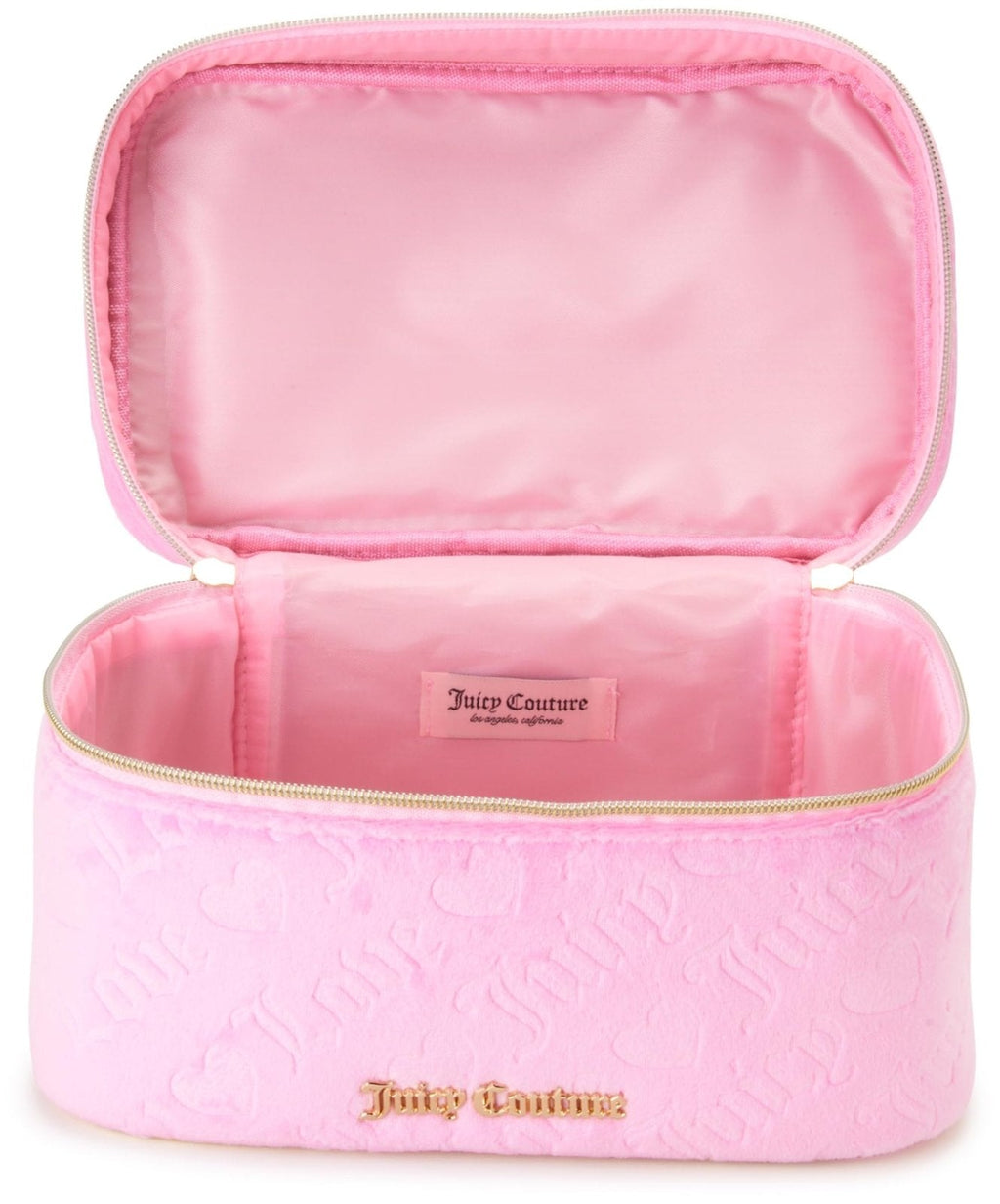 Juicy Couture Pink Makeup Bag Cosmetics Organizer Travel Essentials Train Case Velour Heart Logo