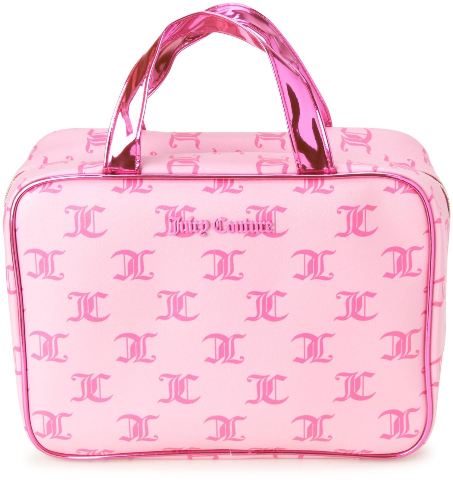 Juicy Couture Pink Makeup Bag Cosmetics Organizer Travel Essentials Weekender Logo Shiny Trim