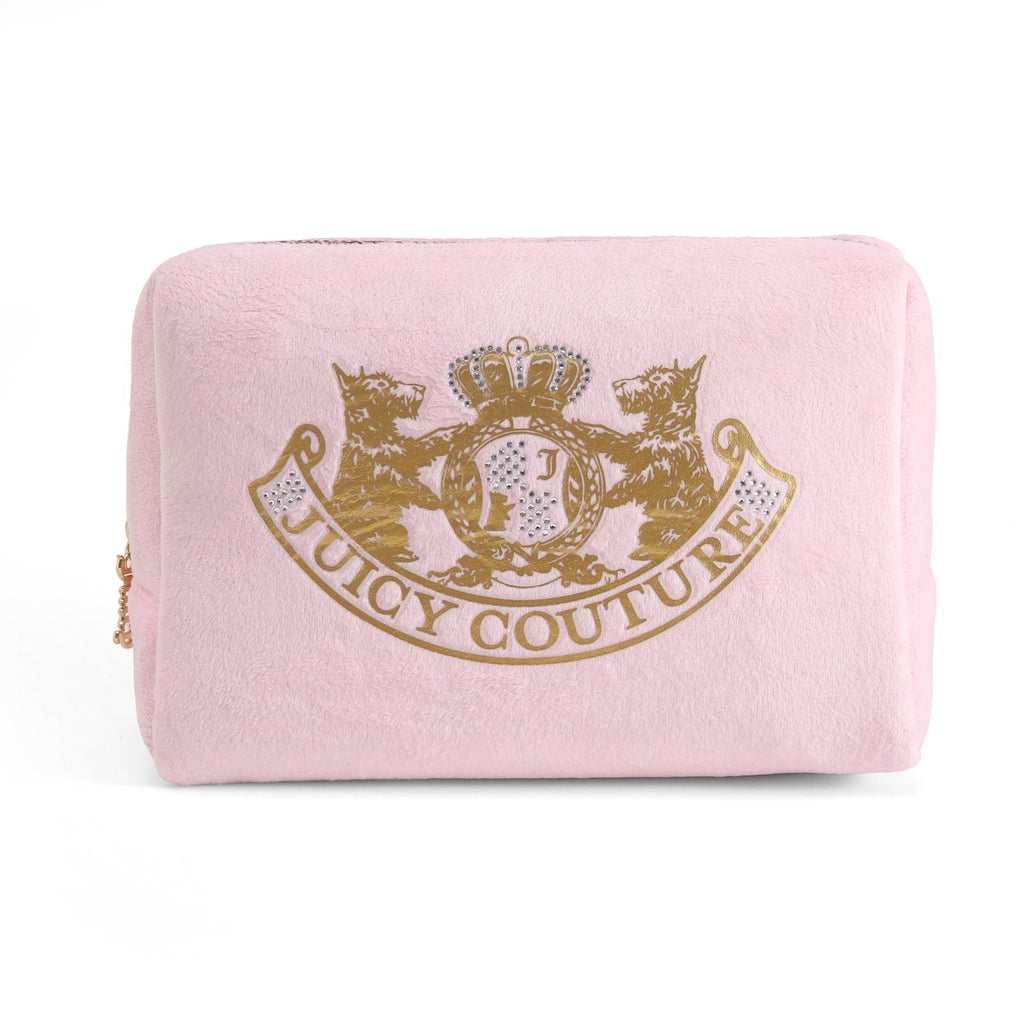Juicy Couture Pink Makeup Bag Cosmetics Organizer Travel Essentials Zip Top Wedge Gold Terroir Dog Rhinestone Crown Velour