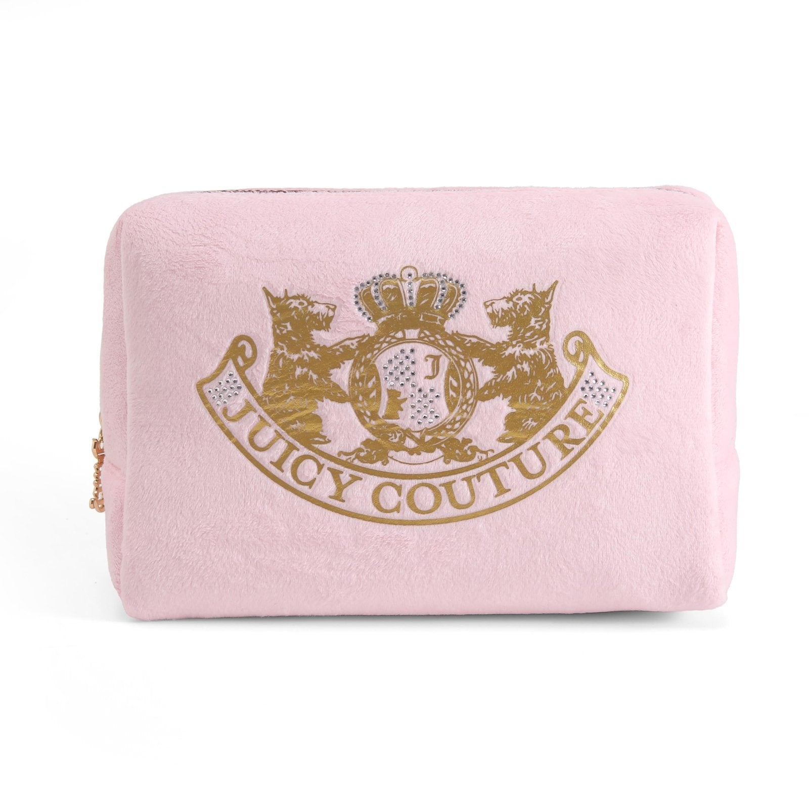 Juicy Couture Pink Makeup Bag Cosmetics Organizer Travel Essentials Zip Top Wedge Gold Terroir Dog Rhinestone Crown Velour
