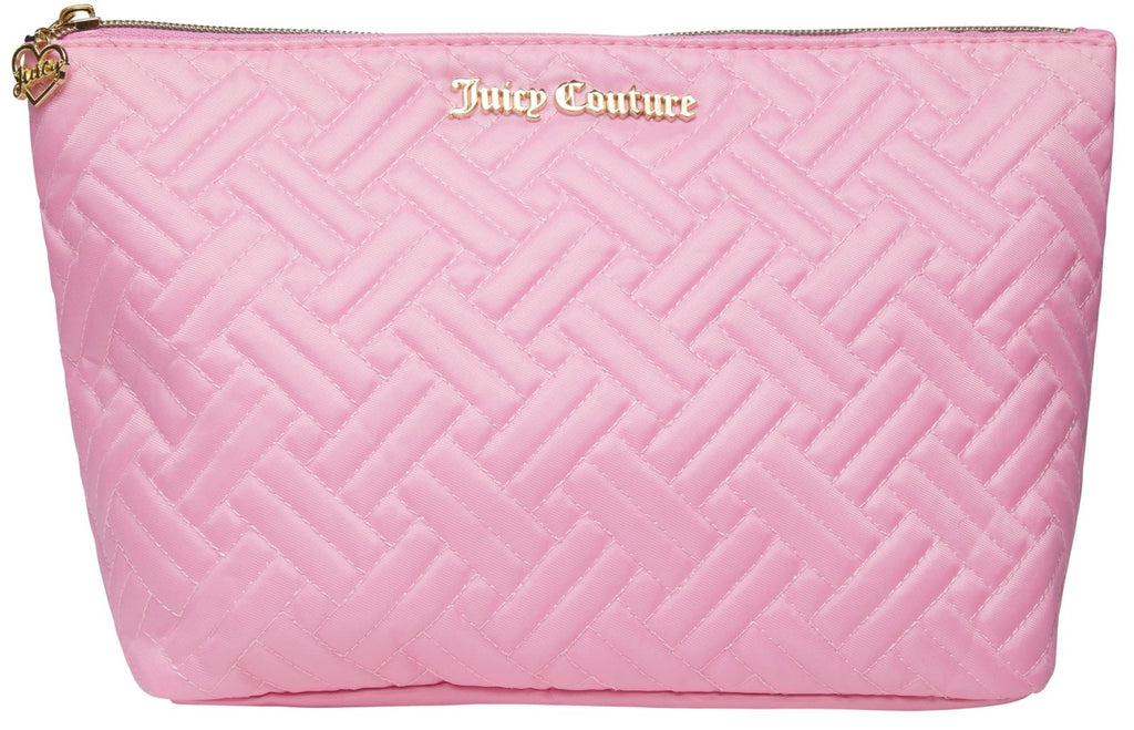 Juicy Couture Pink Makeup Bag Cosmetics Organizer Travel Essentials Zip Top Wedge Quilted Herringbone