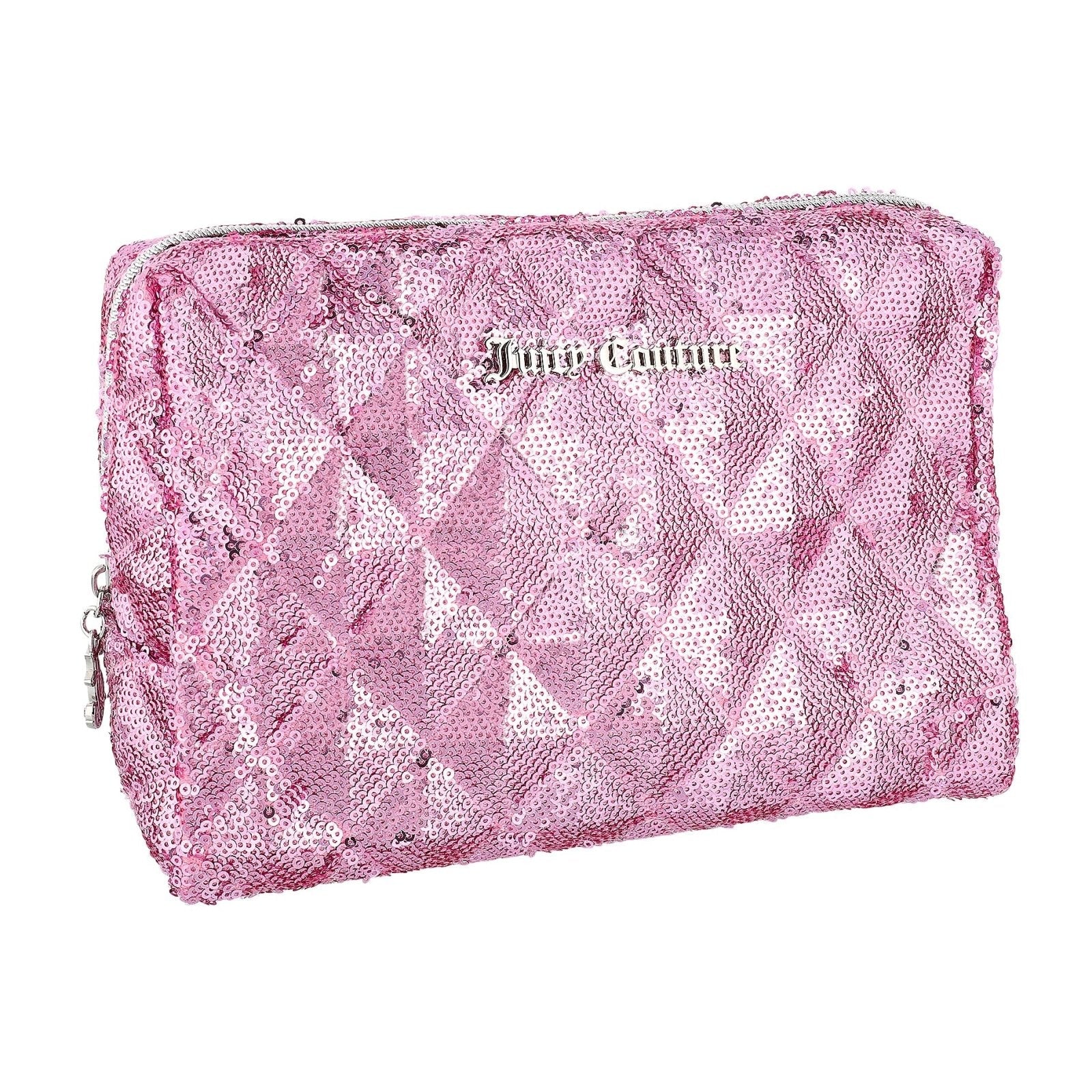 Juicy Couture Pink Makeup Bag Cosmetics Organizer Travel Essentials Zip Top Wedge Sparkle Sequin