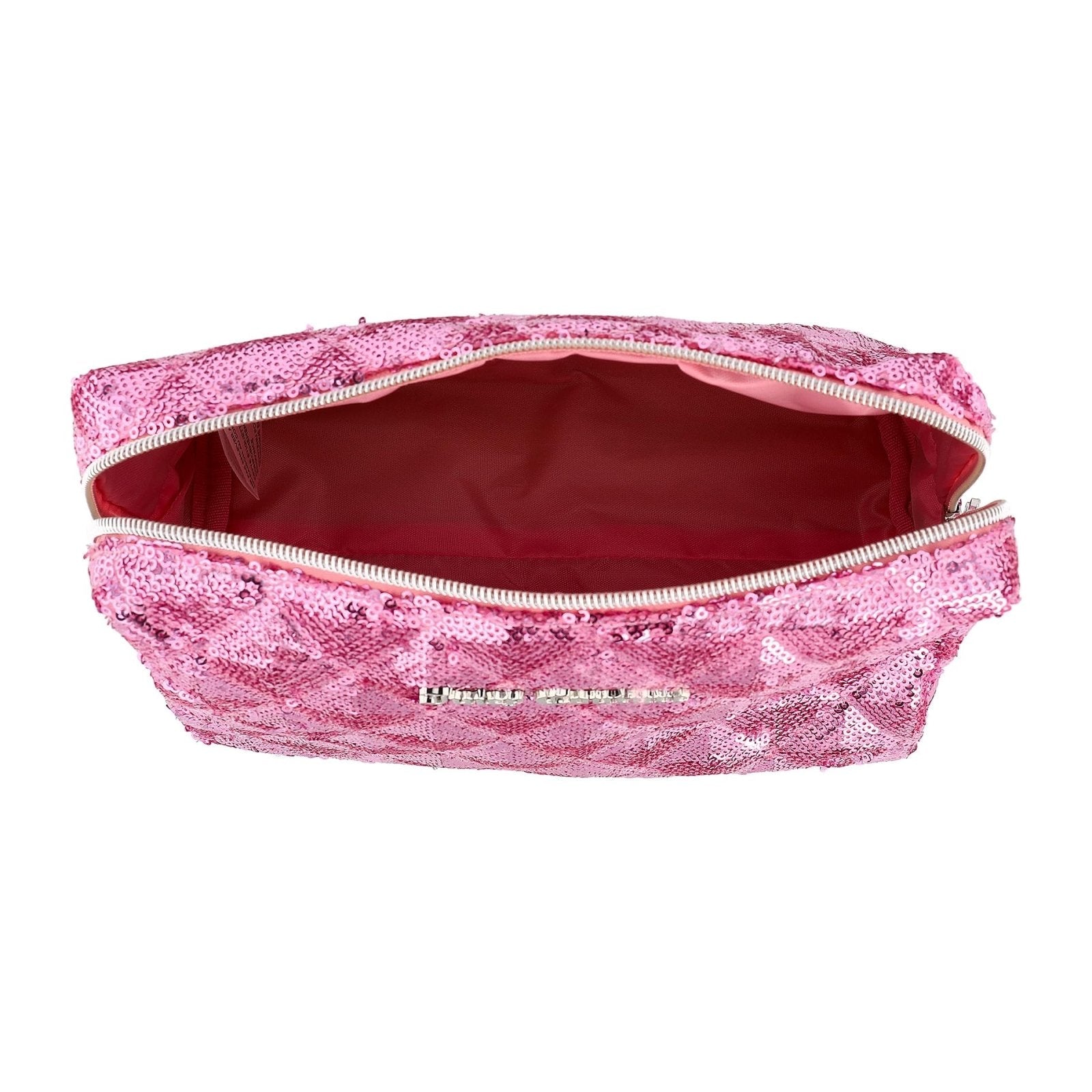 Juicy Couture Pink Makeup Bag Cosmetics Organizer Travel Essentials Zip Top Wedge Sparkle Sequin