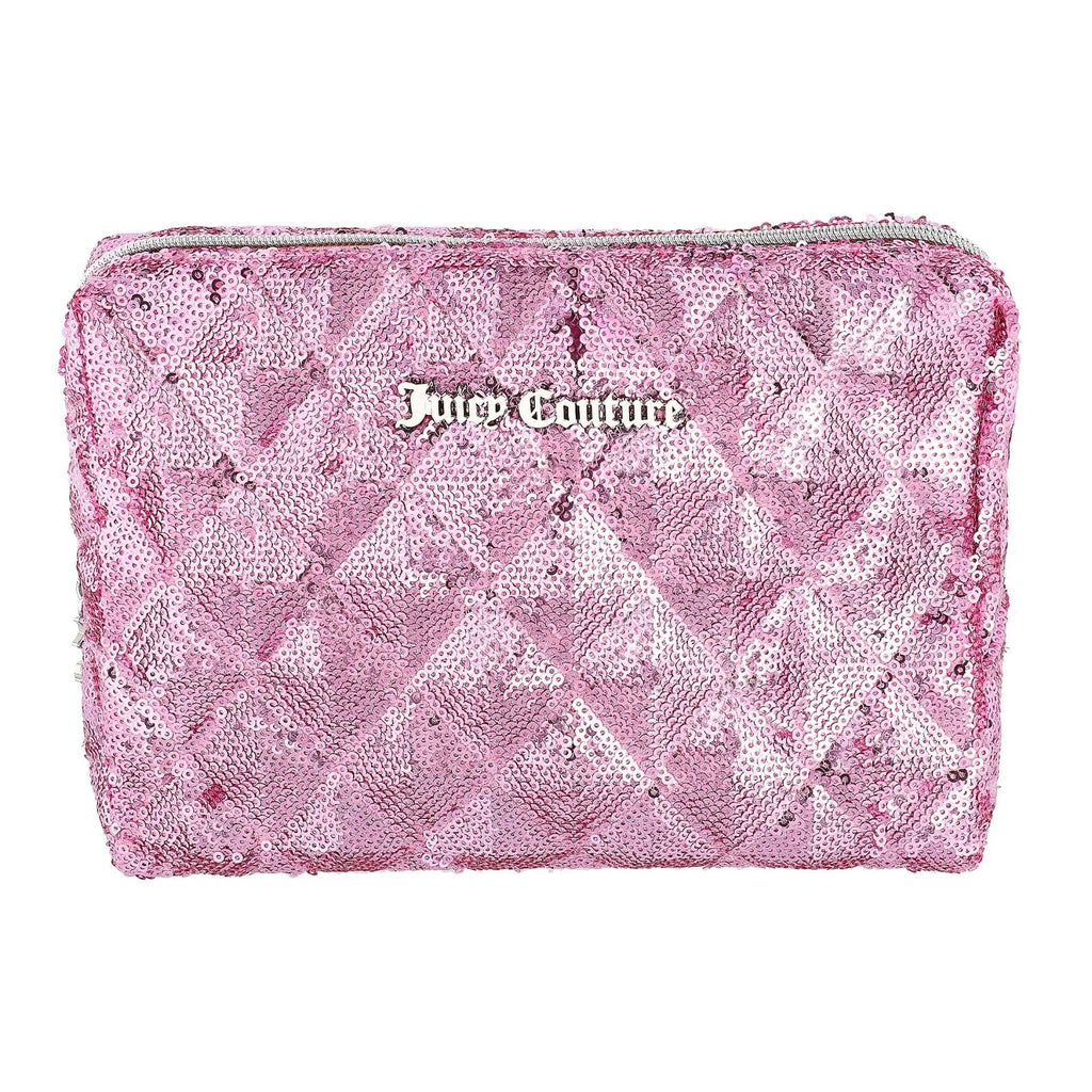 Juicy Couture Pink Makeup Bag Cosmetics Organizer Travel Essentials Zip Top Wedge Sparkle Sequin
