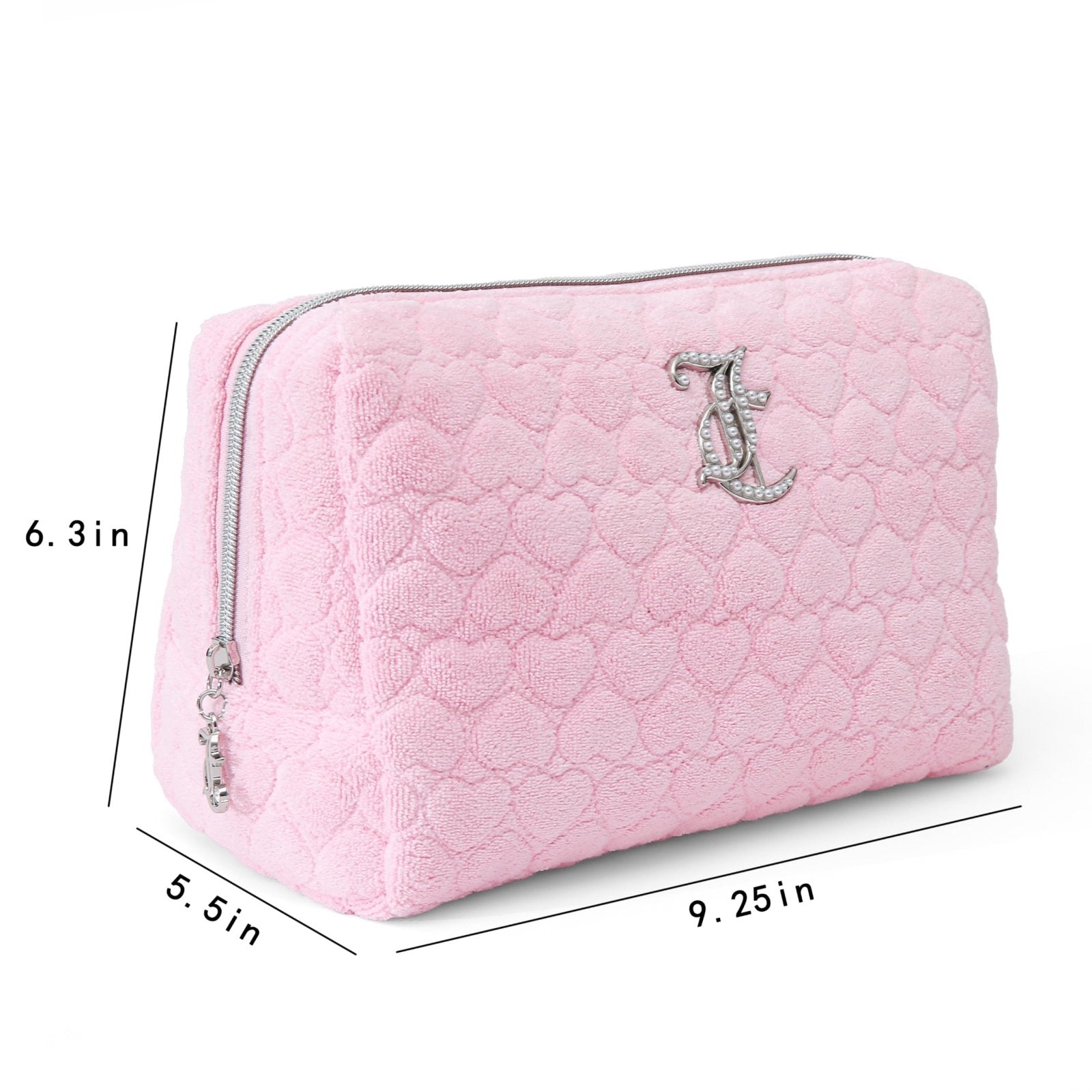 Juicy Couture Pink Makeup Bag Cosmetics Organizer Travel Essentials Zip Top Wedge Terry Cloth Heart Simulated Pearl Logo