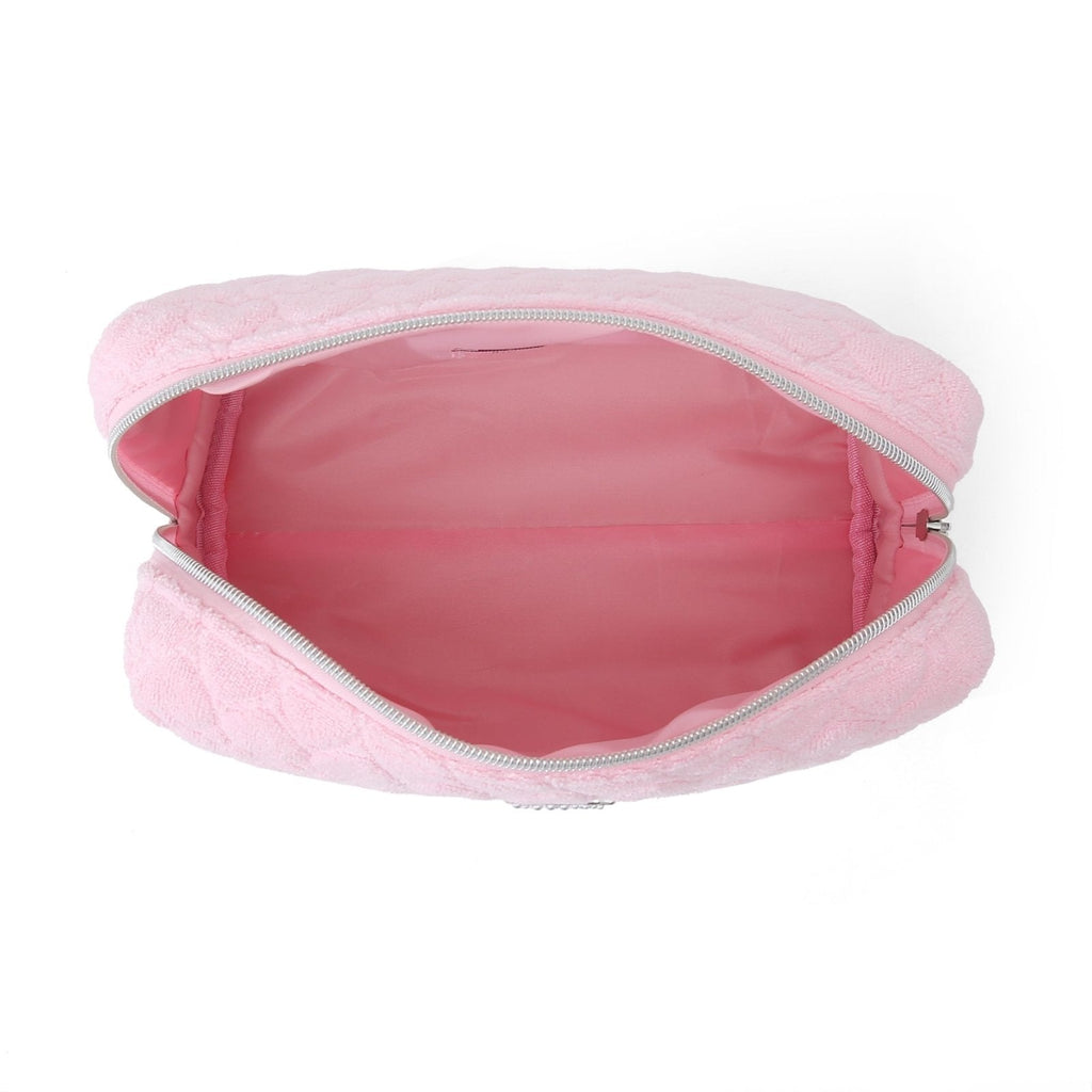 Juicy Couture Pink Makeup Bag Cosmetics Organizer Travel Essentials Zip Top Wedge Terry Cloth Heart Simulated Pearl Logo