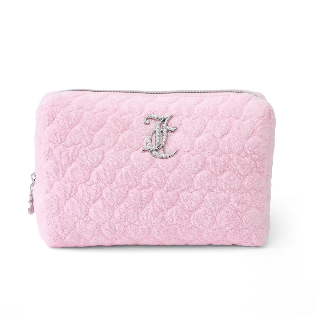 Juicy Couture Pink Makeup Bag Cosmetics Organizer Travel Essentials Zip Top Wedge Terry Cloth Heart Simulated Pearl Logo
