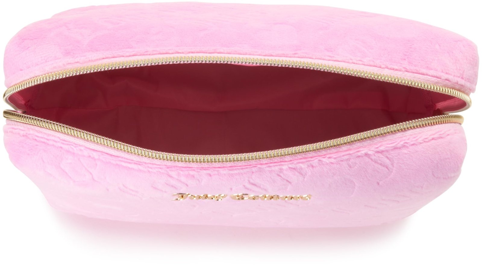 Juicy Couture Pink Makeup Bag Cosmetics Organizer Travel Essentials Zip Top Wedge Velour Heart