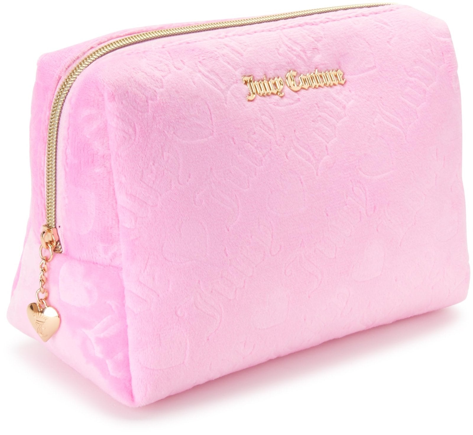 Juicy Couture Pink Makeup Bag Cosmetics Organizer Travel Essentials Zip Top Wedge Velour Heart