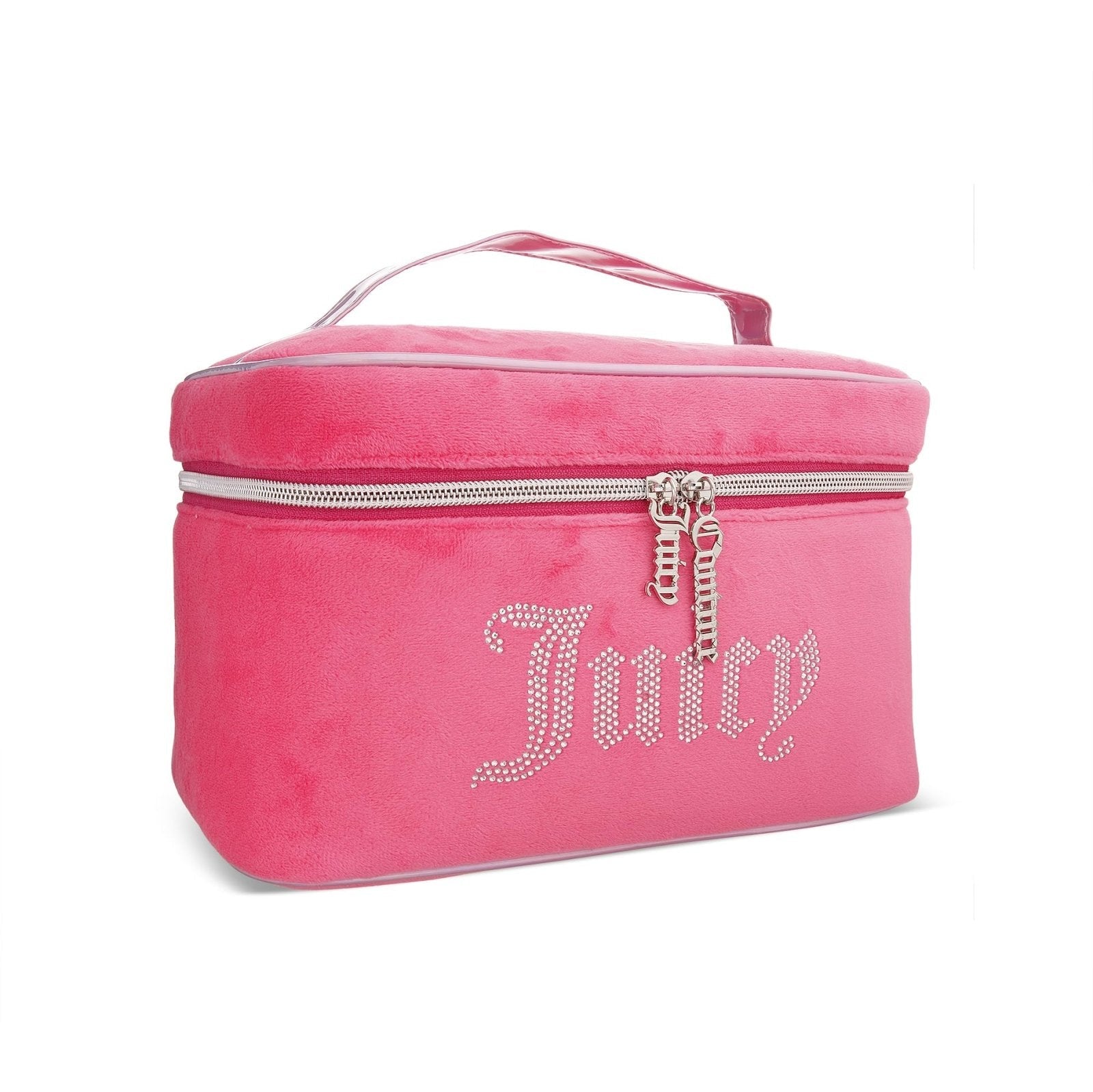 Juicy Couture Pink Silver Makeup Bag Cosmetics Organizer Travel Essentials Train Case Velour Rhinestones