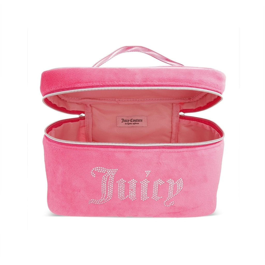 Juicy Couture Pink Silver Makeup Bag Cosmetics Organizer Travel Essentials Train Case Velour Rhinestones