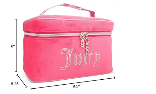 Juicy Couture Pink Silver Makeup Bag Cosmetics Organizer Travel Essentials Train Case Velour Rhinestones