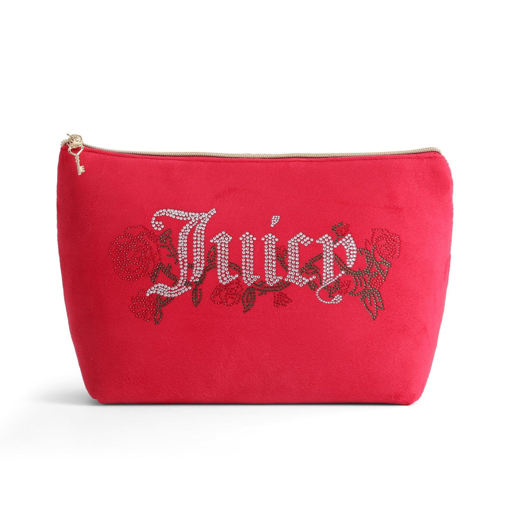 Juicy Couture Red Makeup Bag Cosmetics Organizer Travel Essentials Top Zip Pouch Velour Rhinestone Roses
