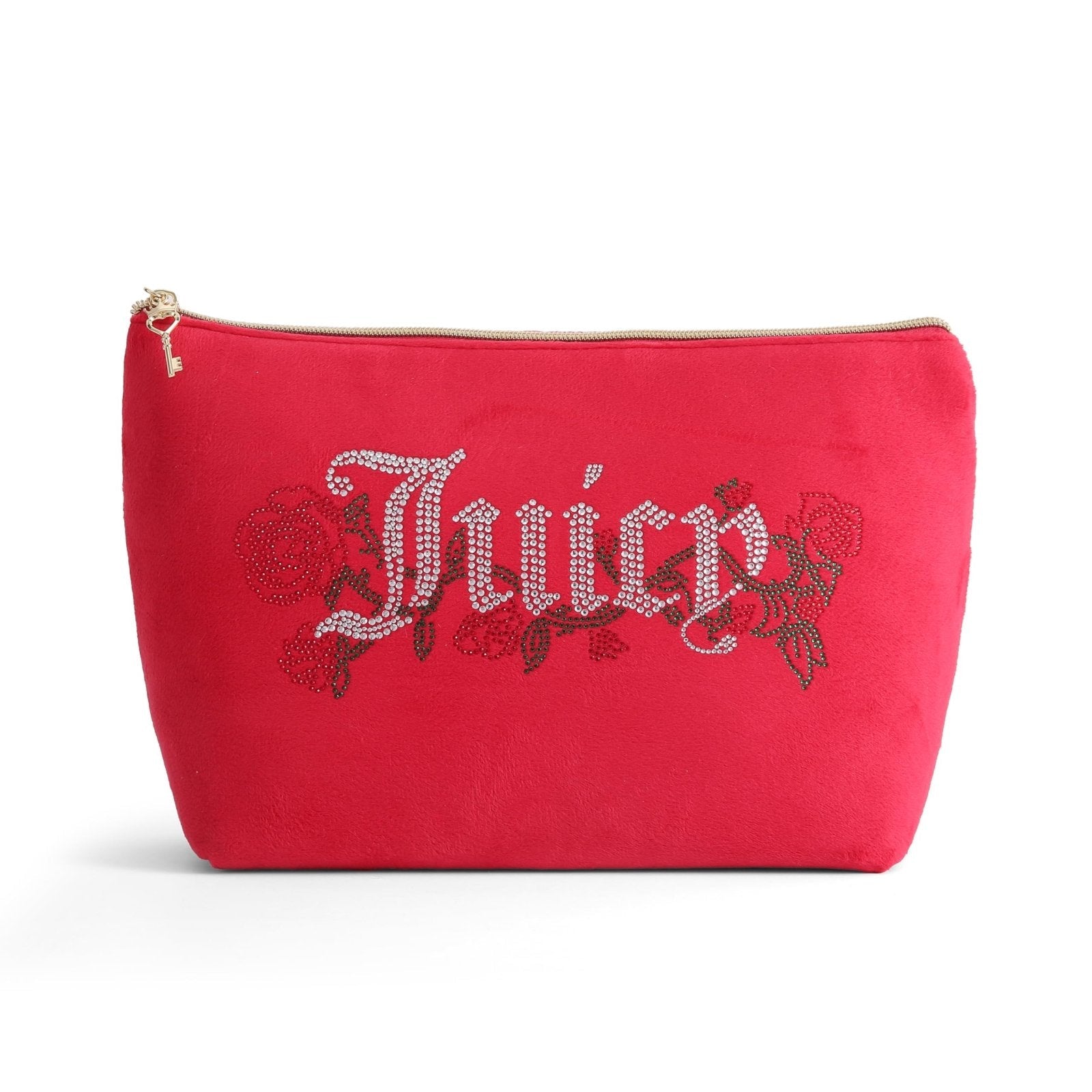 Juicy Couture Red Makeup Bag Cosmetics Organizer Travel Essentials Top Zip Pouch Velour Rhinestone Roses