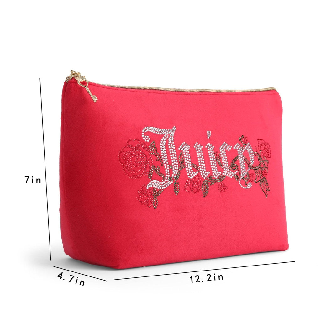 Juicy Couture Red Makeup Bag Cosmetics Organizer Travel Essentials Top Zip Pouch Velour Rhinestone Roses