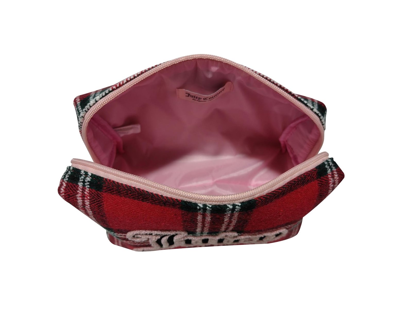 Juicy Couture Red Makeup Bag Cosmetics Organizer Travel Essentials Zip Top Wedge Plaid Flannel