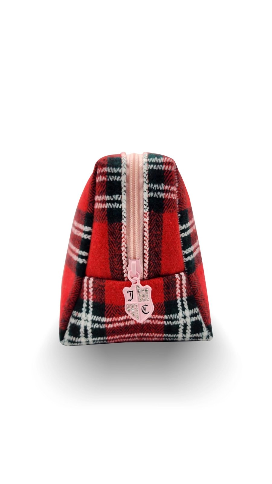 Juicy Couture Red Makeup Bag Cosmetics Organizer Travel Essentials Zip Top Wedge Plaid Flannel