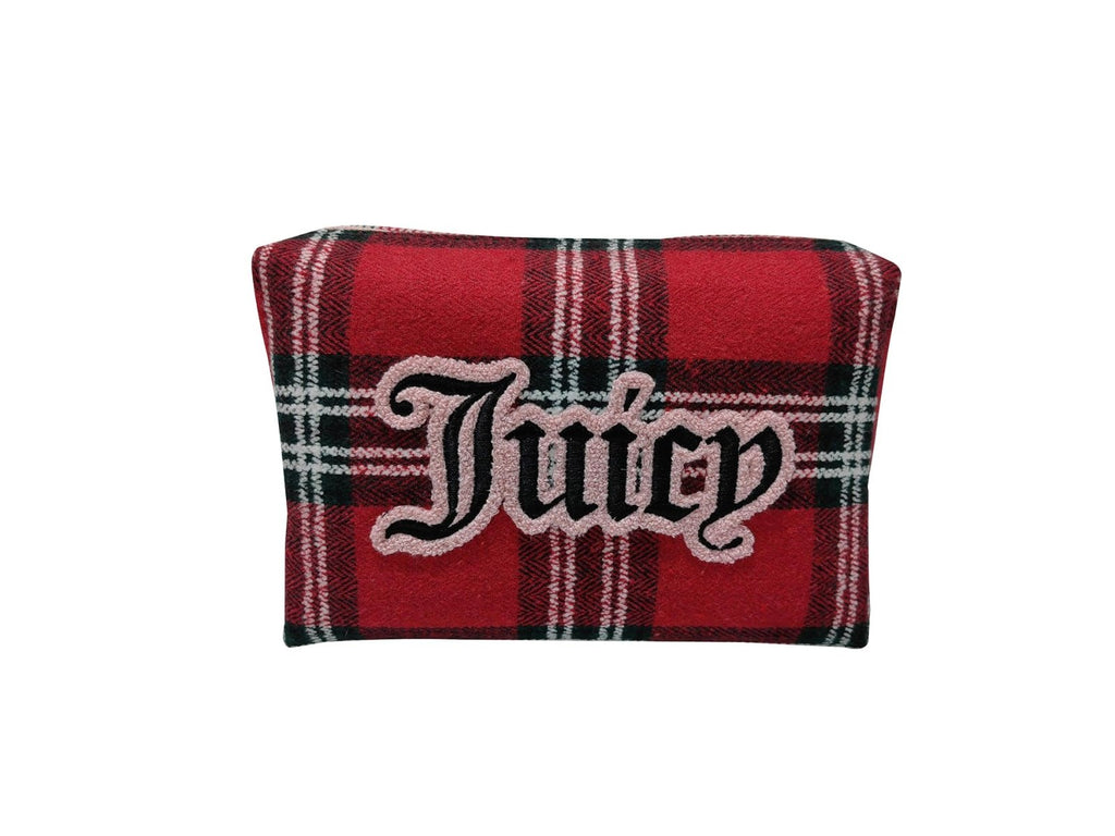 Juicy Couture Red Makeup Bag Cosmetics Organizer Travel Essentials Zip Top Wedge Plaid Flannel