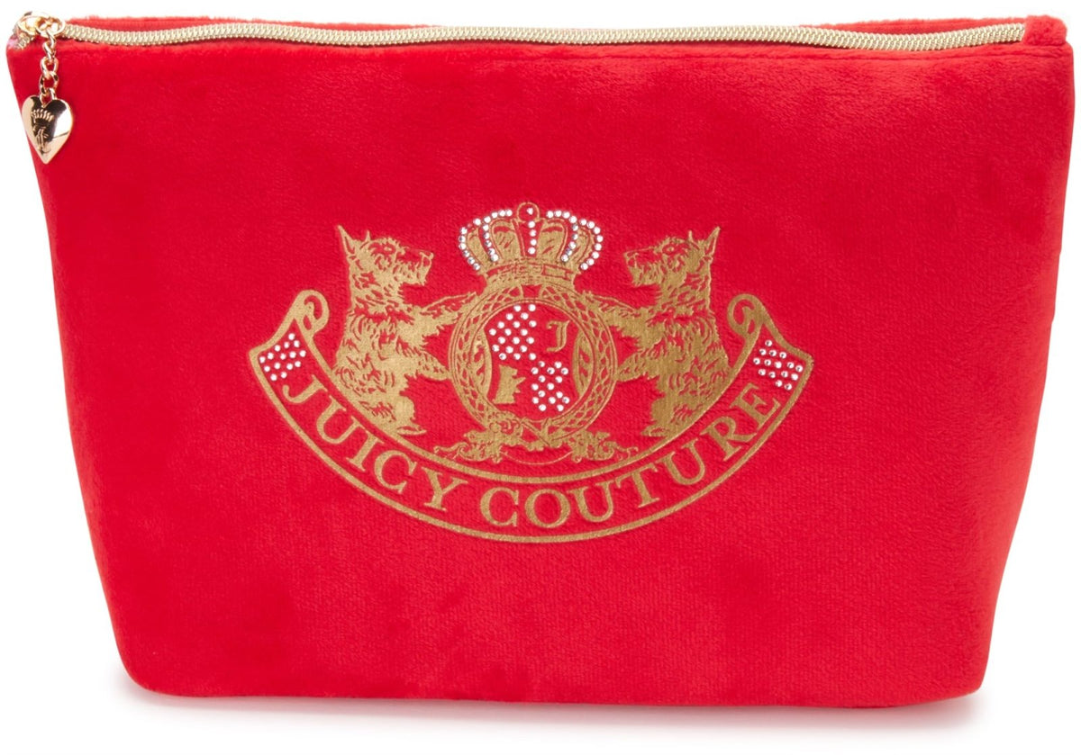 Juicy Couture Red Makeup Bag Cosmetics Organizer Travel Essentials Zip Top Wedge Velour Rhinestones Gold Terrier Dogs