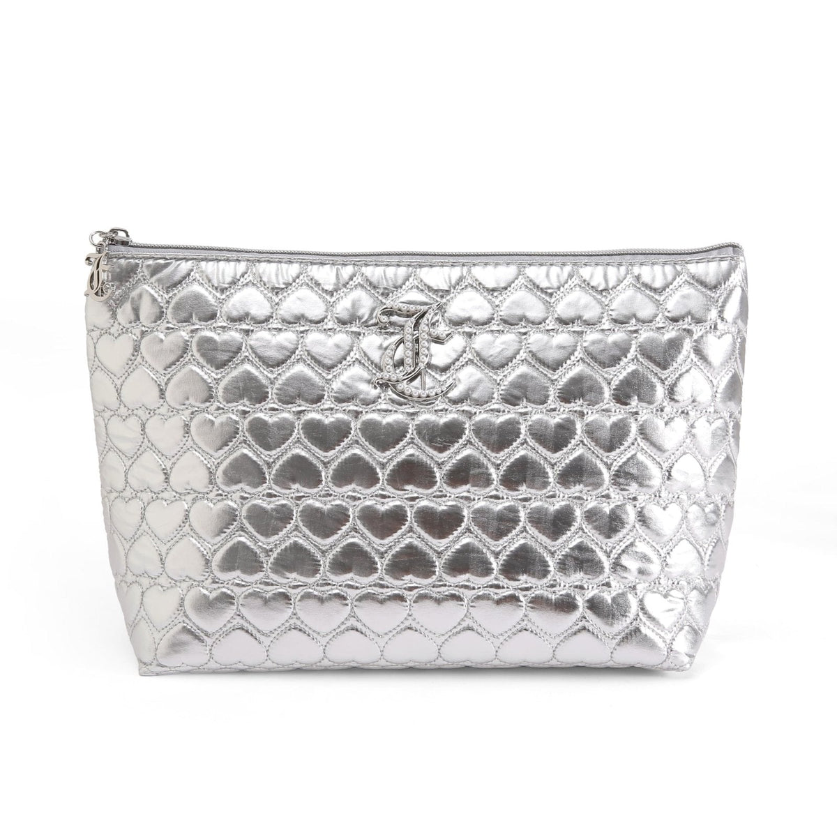 Juicy Couture Silver Makeup Bag Cosmetics Organizer Travel Essentials Top Zip Pouch Shiny Quilted Heart