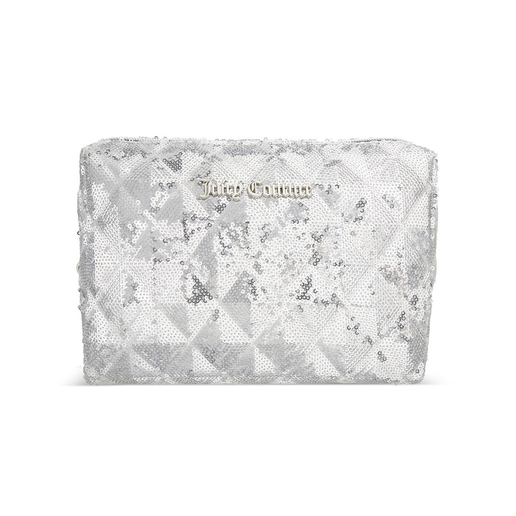Juicy Couture Silver Makeup Bag Cosmetics Organizer Travel Essentials Zip Top Wedge Sparkle Sequin