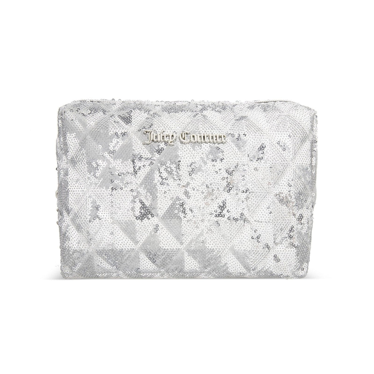 Juicy Couture Silver Makeup Bag Cosmetics Organizer Travel Essentials Zip Top Wedge Sparkle Sequin