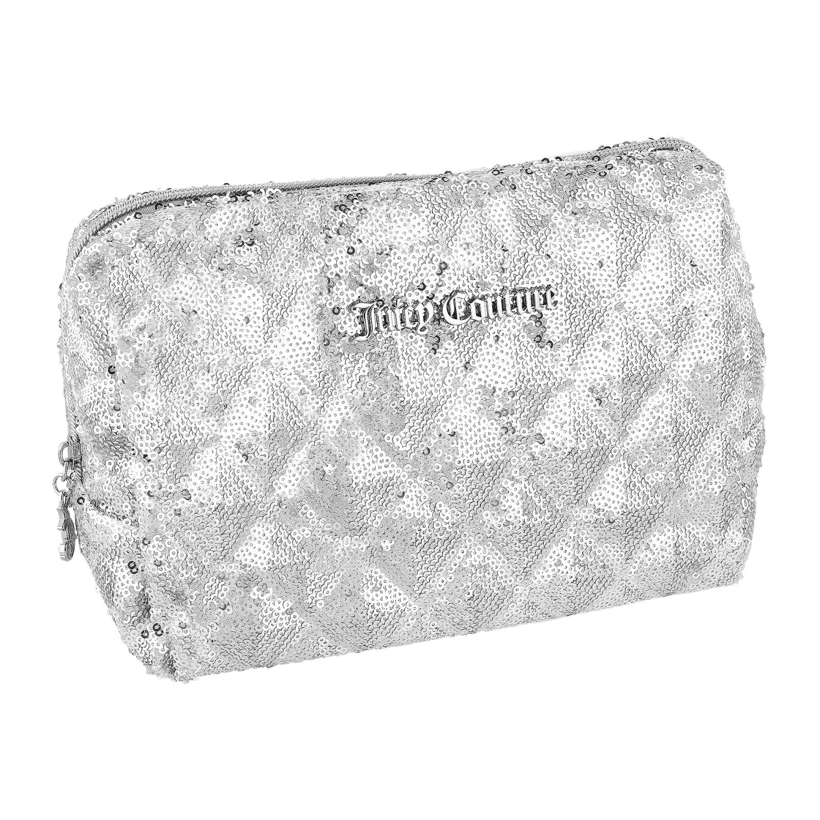 Juicy Couture Silver Makeup Bag Cosmetics Organizer Travel Essentials Zip Top Wedge Sparkle Sequin