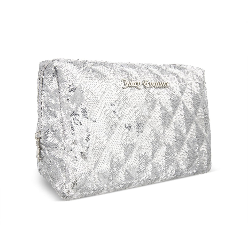 Juicy Couture Silver Makeup Bag Cosmetics Organizer Travel Essentials Zip Top Wedge Sparkle Sequin