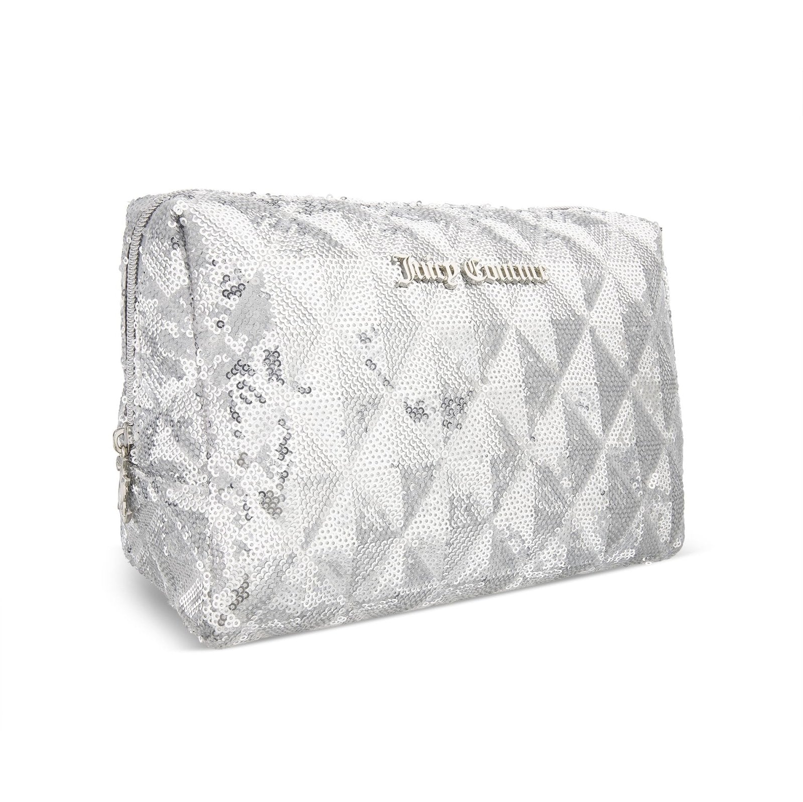 Juicy Couture Silver Makeup Bag Cosmetics Organizer Travel Essentials Zip Top Wedge Sparkle Sequin